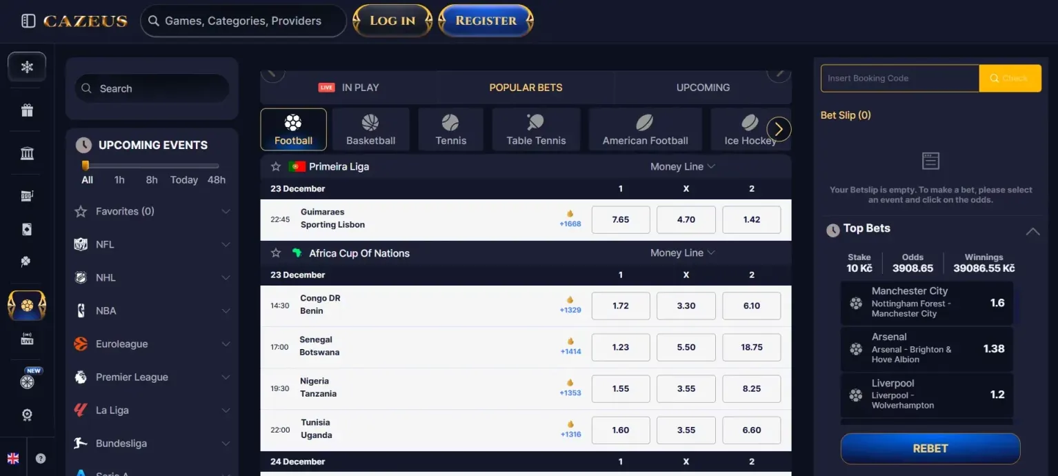 sección de apuestas deportivas en vivo del casino online cazeus