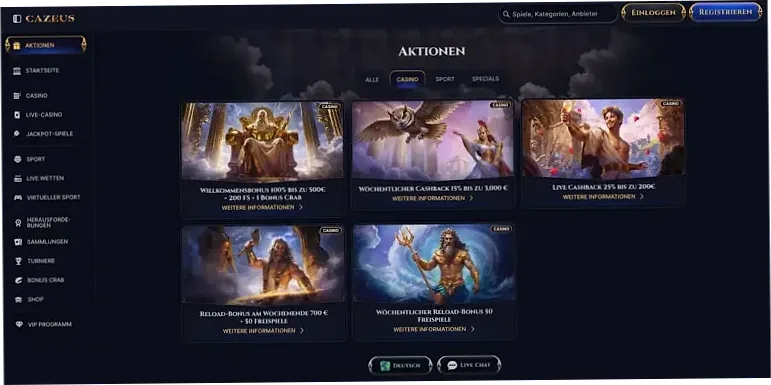 Cazeus Casino interface