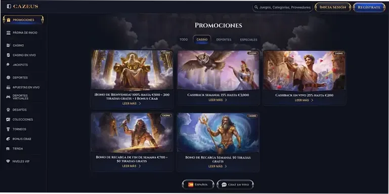 Sección de promociones Cazeus Casino
